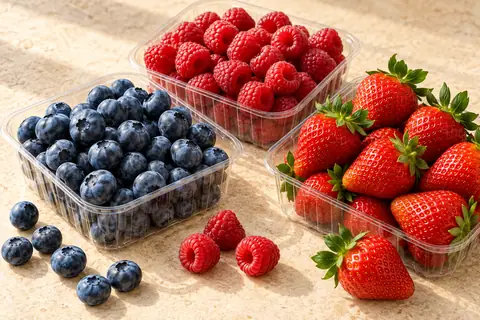 Fresh blueberries, raspberries and strawberries in premium punnets on a cream stone surface